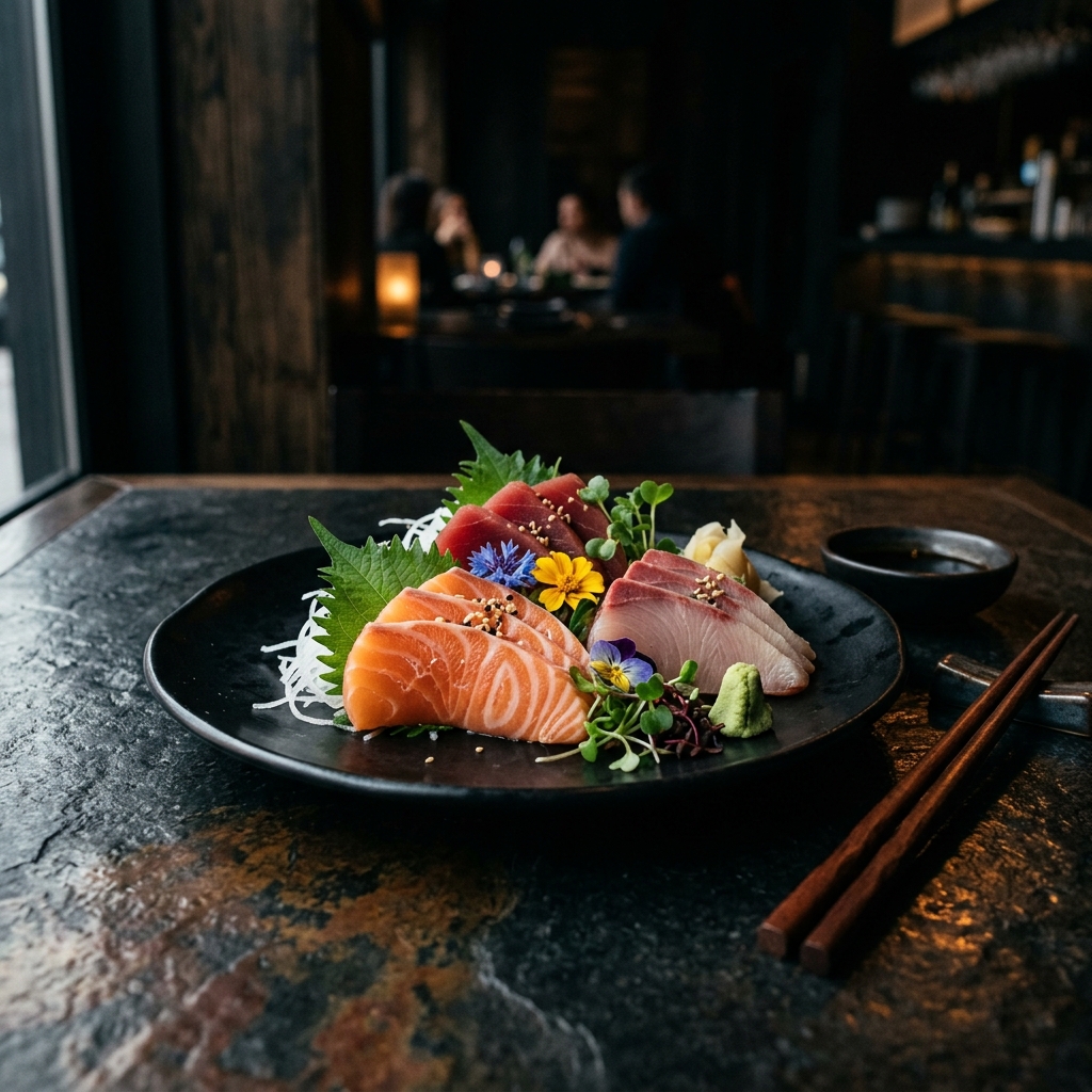 Plato negro de sashimi sobre mesa de piedra